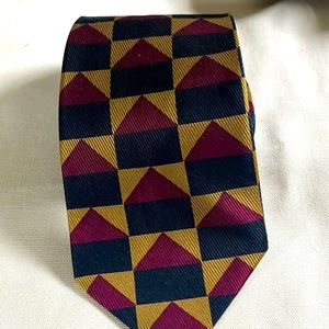 Basile Italian Silk Men’s Necktie. Gold with navy and maroon design